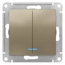 ATN000553 Выключатель двухклавишный с подсветкой Schneider Electric Atlas Design, на винтах, шампань